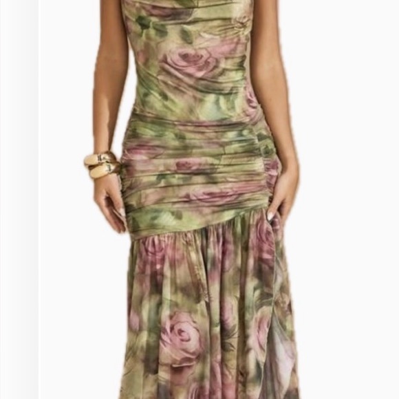 SHEIN Dresses & Skirts - Floral Ruched Maxi Dress in Green and Pink